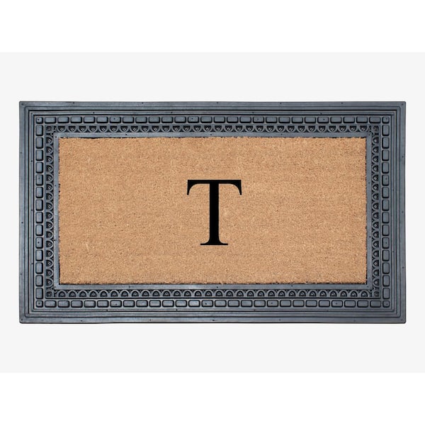 A1 Home Collections A1HC Square Geometric Black/Beige 24 in. x 39 in. Rubber and Coir Heavy Duty Easy to Clean Monogrammed T Door Mat