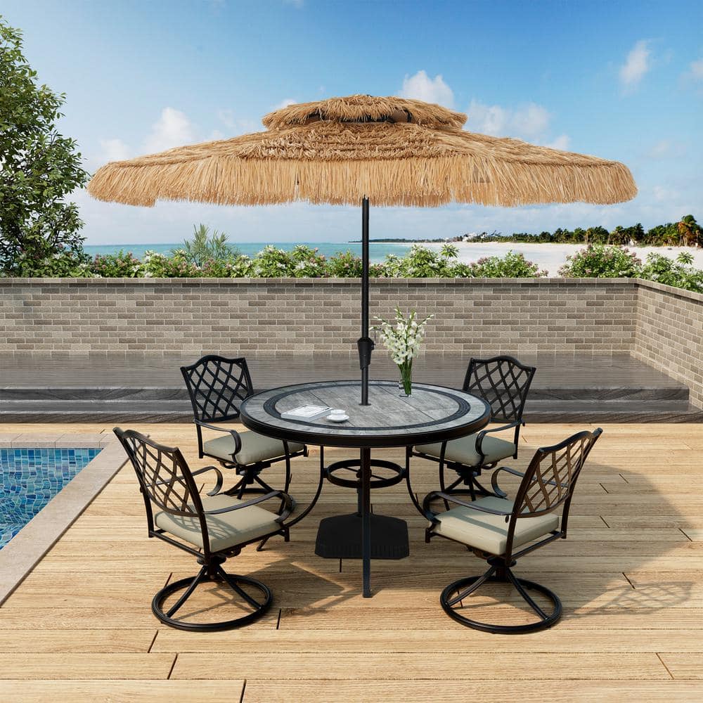 10 ft. Natural Straw Tiki Beach Umbrella with Black Steel Pole