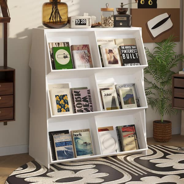 FUFU&GAGA Double Sided Bookshelf 47.2 in. Tall, Wood Decorative Storage Modern Display Shelves, White Bookcase for Living Room