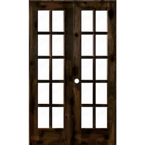 48 in. x 80 in. Knotty Alder Right-Handed 10-Lite Clear Glass Black Stain Wood Double Prehung French Door