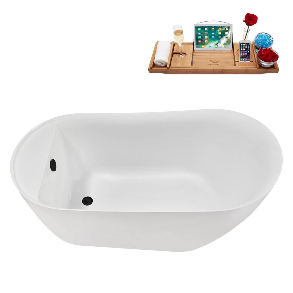59" Glossy White Acrylic Freestanding Soaking Bathtub with Matte Black Trim