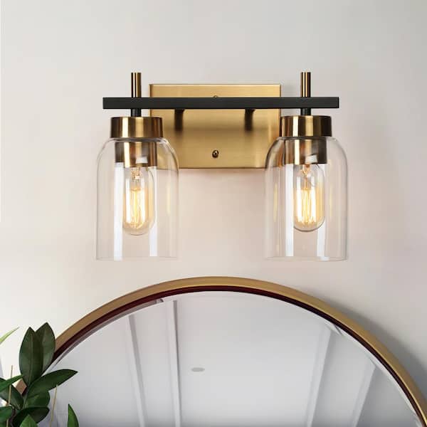 Zevni 12 in. Modern 2-Light Brass Gold Bathroom Vanity Light, Black Bath Lighting with Cylinder Clear Glass Shades