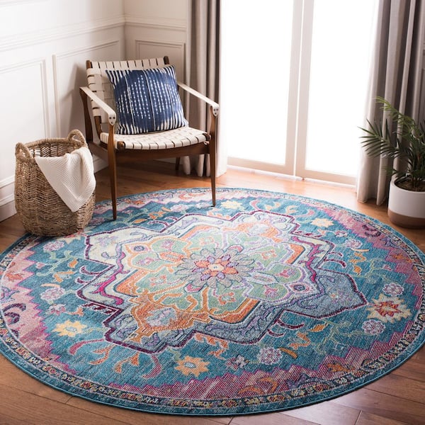 Crystal 8 ft. x 8 ft. Teal/Rose Oriental Round Rug