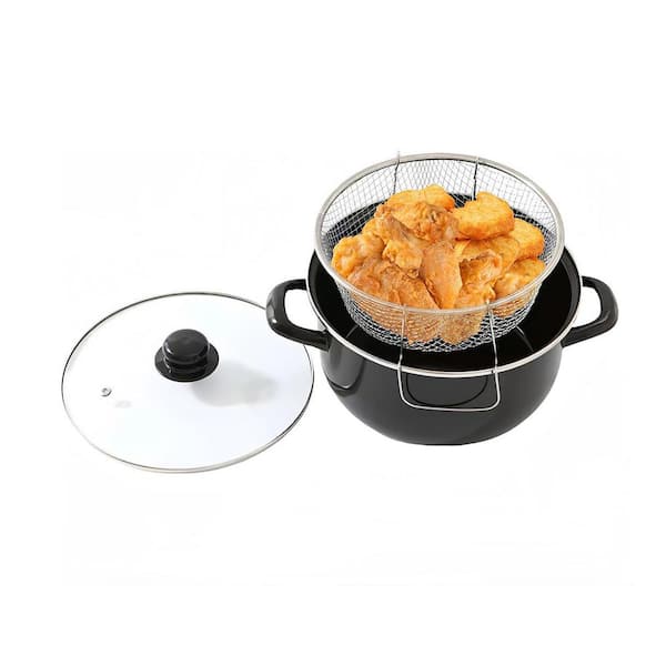 3-Piece Enamel Steel Deep Fryer Pot Set White With Lid Basket High Temp Resistant For Gas Induction Electric