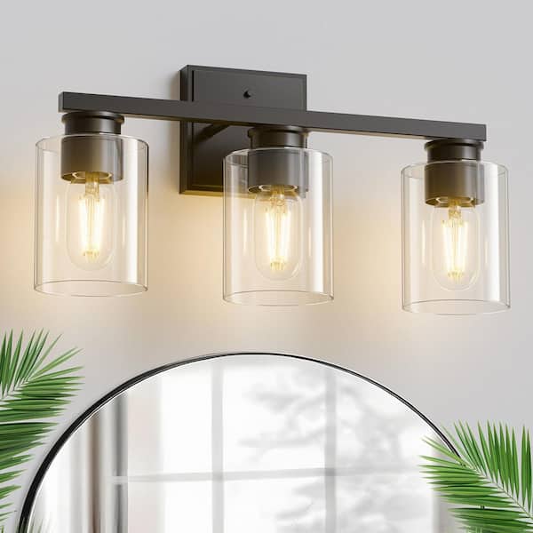 18 in. 3-Light Black Vanity Light with Cylinder Clear Glass Shades for Bathroom, Powder Room or Dressing Room