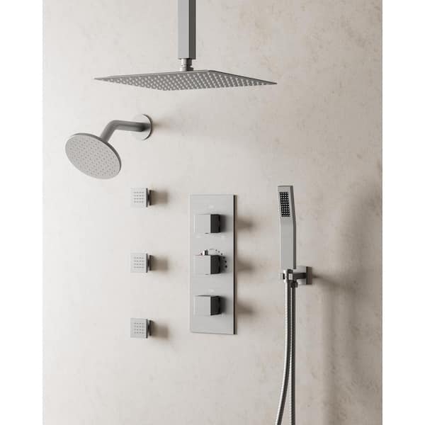Thermostatic 8-Spray 12 and 6 in. Wall Mount Dual Fixed and Handheld Shower Head 2.5 GPM with 3-Jets in Brushed Nickel