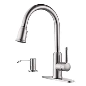 Elegant Stainless Steel Single Handle Pull Down Sprayer Kitchen Faucet with Soap Dispenser in Brushed Nickel
