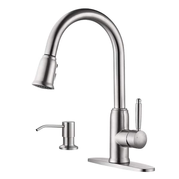 WOWOW Elegant Stainless Steel Single Handle Pull Down Sprayer Kitchen Faucet with Soap Dispenser in Brushed Nickel