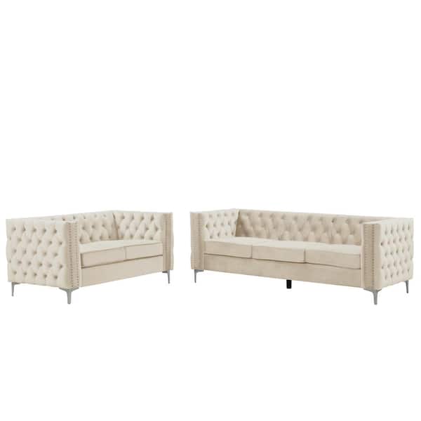 Morden Fort Modern 2 Piece of Loveseat and Sofa Couch Set with Dutch Velvet Top Iron Legs in Beige