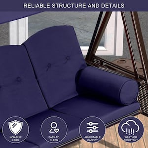2-Person Steel Metal Patio Swing with Foldable Side Table, Canopy and Cushions, Navy Blue