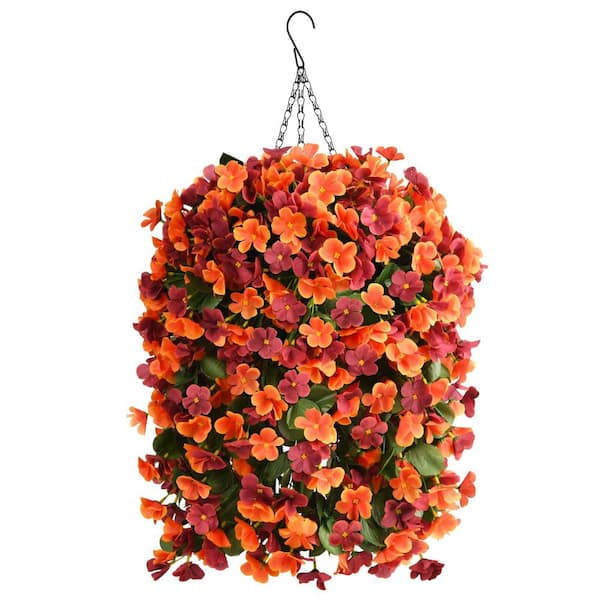 Unbranded 26.7 in. Orange Fake Plant Hanging Plants with Pots, Artificial Orchid UV Resistant Hanging Plant