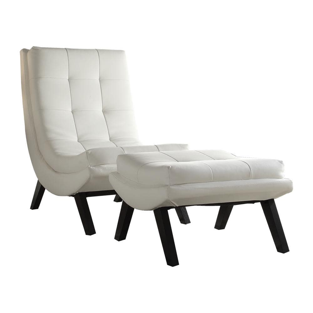 White Faux Leather Lounge Chair and Ottoman with Wood Legs