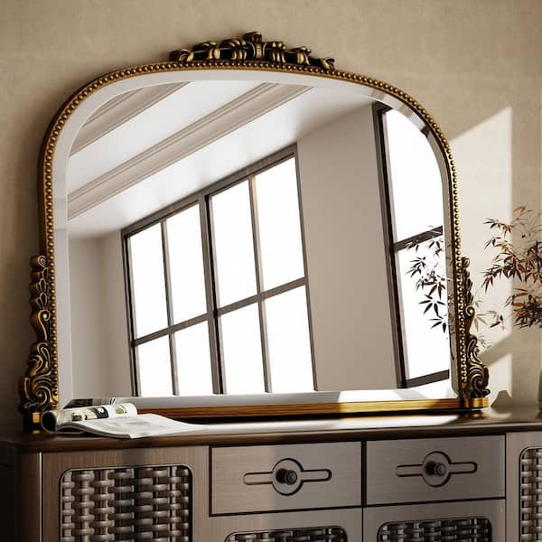 XRAMFY Antique Gold 36 in. W x 27 in. H Arched Polyurethane Framed with Decoration Antique Vanity Wall Mirror