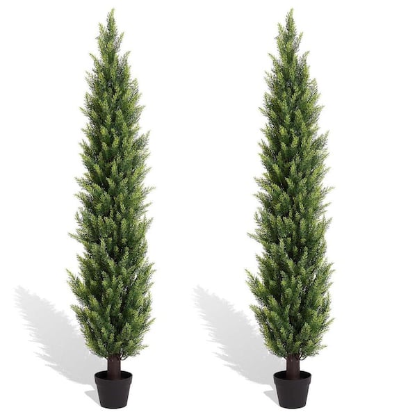 71.00 in. Artificial Cedar Tree in Planter Set of 2 UV Resistant Realistic Faux Pine Topiary for Outdoor