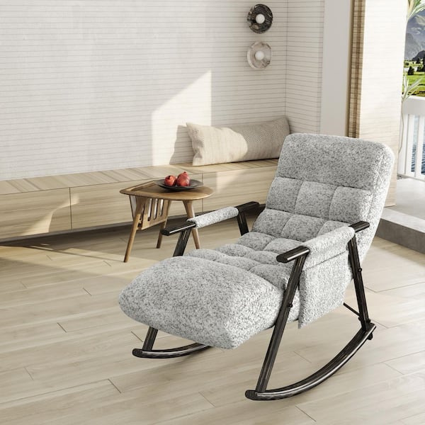 Gray Stylish Tufted Adjustable High Back Teddy Fabric Rocking Chair with Side Pocket and Foot Rest