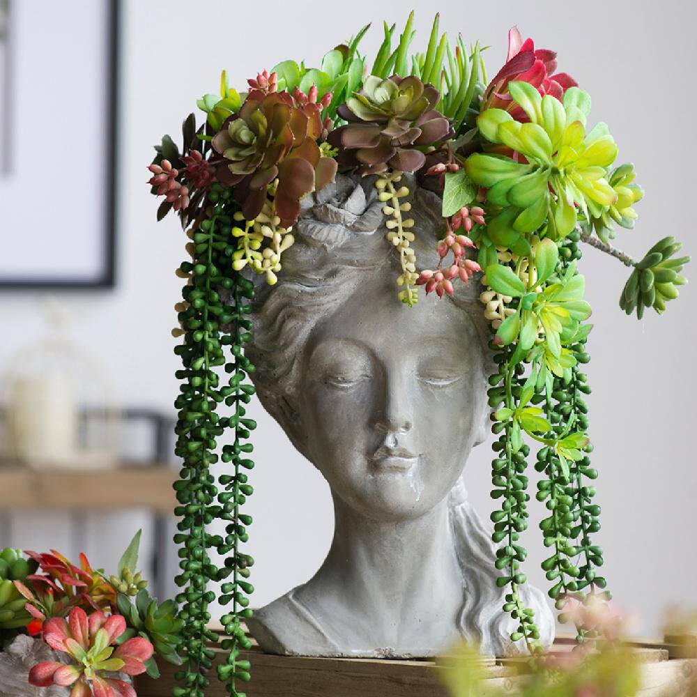 Gray Cement Floral Wreath Lady Head Planter Sculpture
