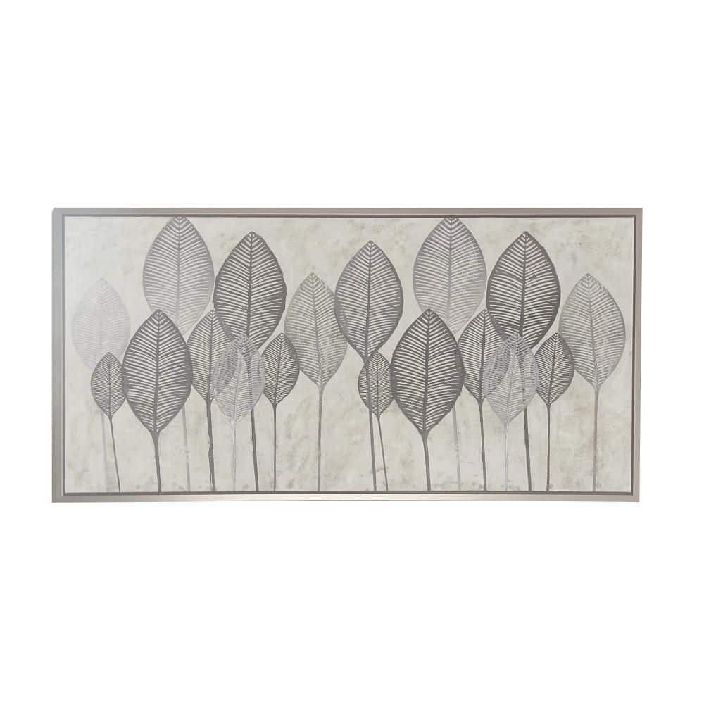 55" x 27" Black and White Leaf Canvas Wall Art with Silver Frame