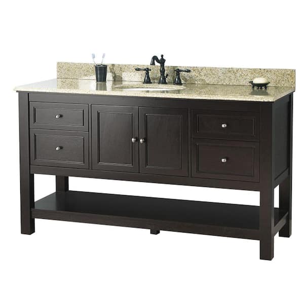 Home Decorators Collection Gazette 61 in. W x 22 in. D Bath Vanity in Espresso with Golden Hill Granite Vanity Top in White