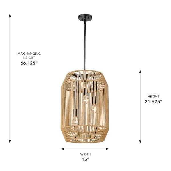 Golden Lighting - Marlee 3-Light Matte Black and Natural Raphia Rope Linear Pendant Light