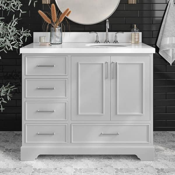 ARIEL Stafford 43 in. W x 22 in. D x 36 in. H Right Single Sink Freestanding Bath Vanity in Grey with Pure White Quartz Top