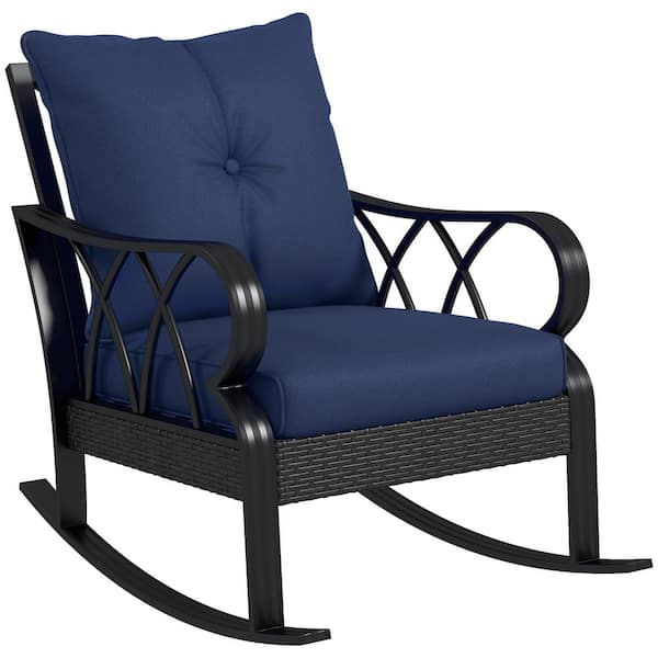 Unbranded Modern Style Wicker Outdoor Rocking Chair with Navy Blue Padded Cushions, Curved Aluminum Armrest and Thick Metal Base