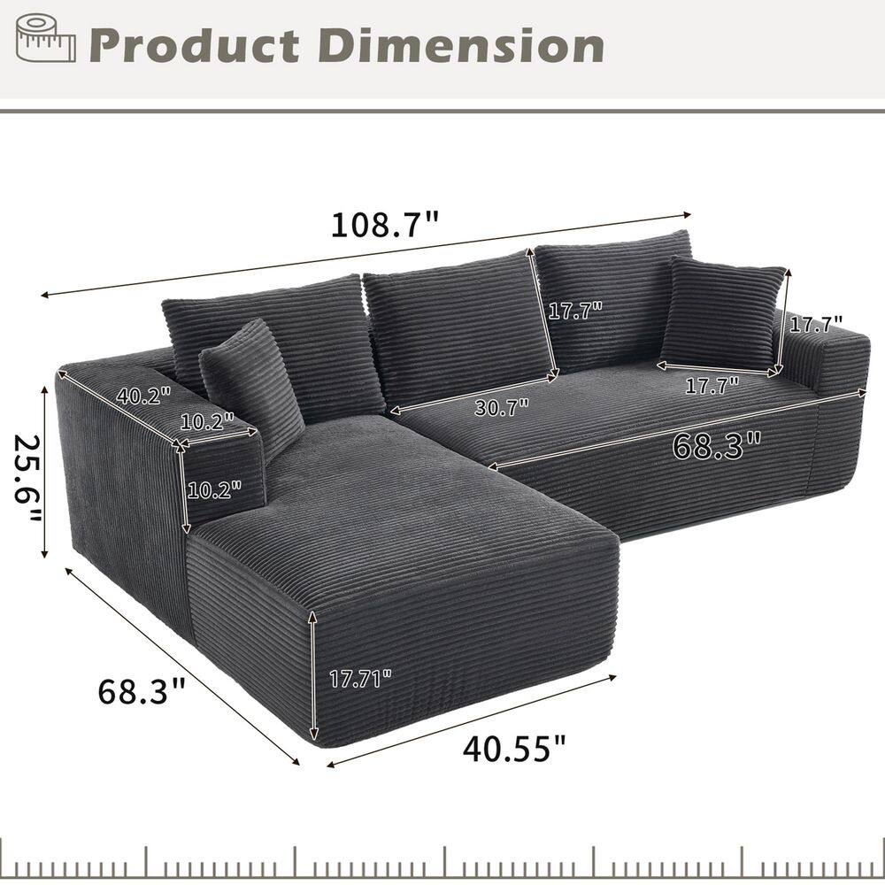 Dimension diagram of the grey corduroy modular sectional sofa.
