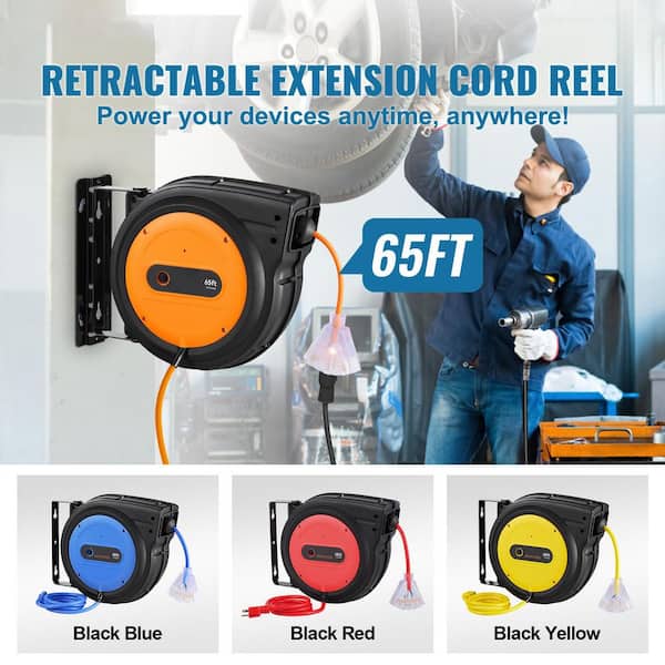 Extension Cord Reel 65 ft. 12/3 15 Amp Retractable Extension Cord Reel with Triple Tap Outlet for Ceiling or Wall Mount