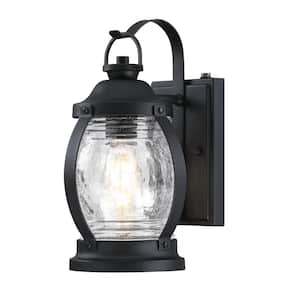 Canyon 1-Light Textured Black Outdoor Wall Mount Lantern with Clear Crackle Glass, Dusk to Dawn Sensor