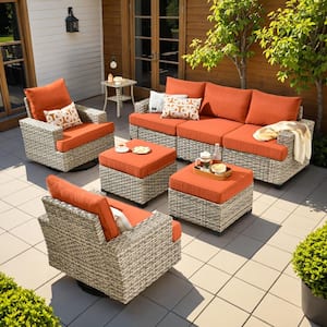 Tiberte Gray 8-Piece Wicker Patio Conversation Seating Set with Orange Red Cushions and Swivel Chairs