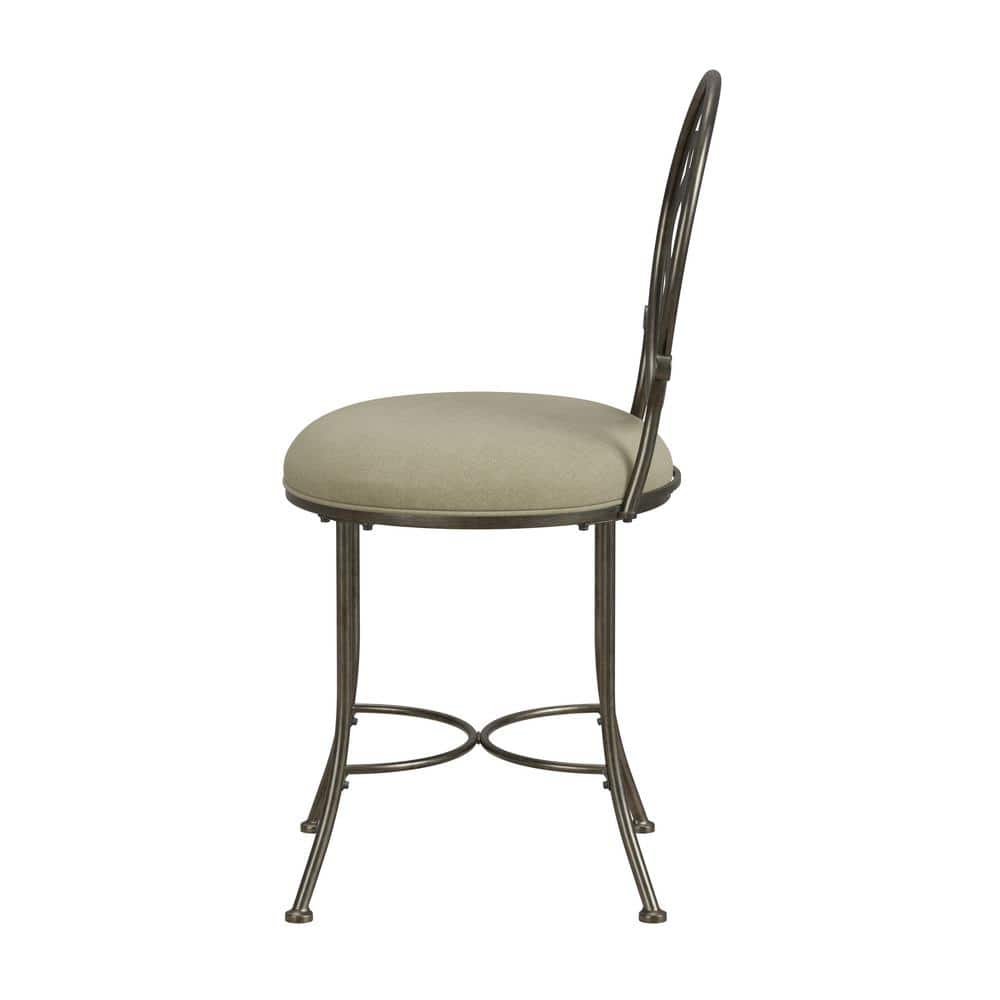 Antique Gray Metal Vanity Stool with Cream Upholstery