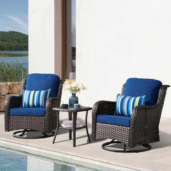Clario 3-Piece Wicker Outdoor Rocking Chair Patio Swivel Chair Set with Navy Blue Cushion, Side Table for Backyard