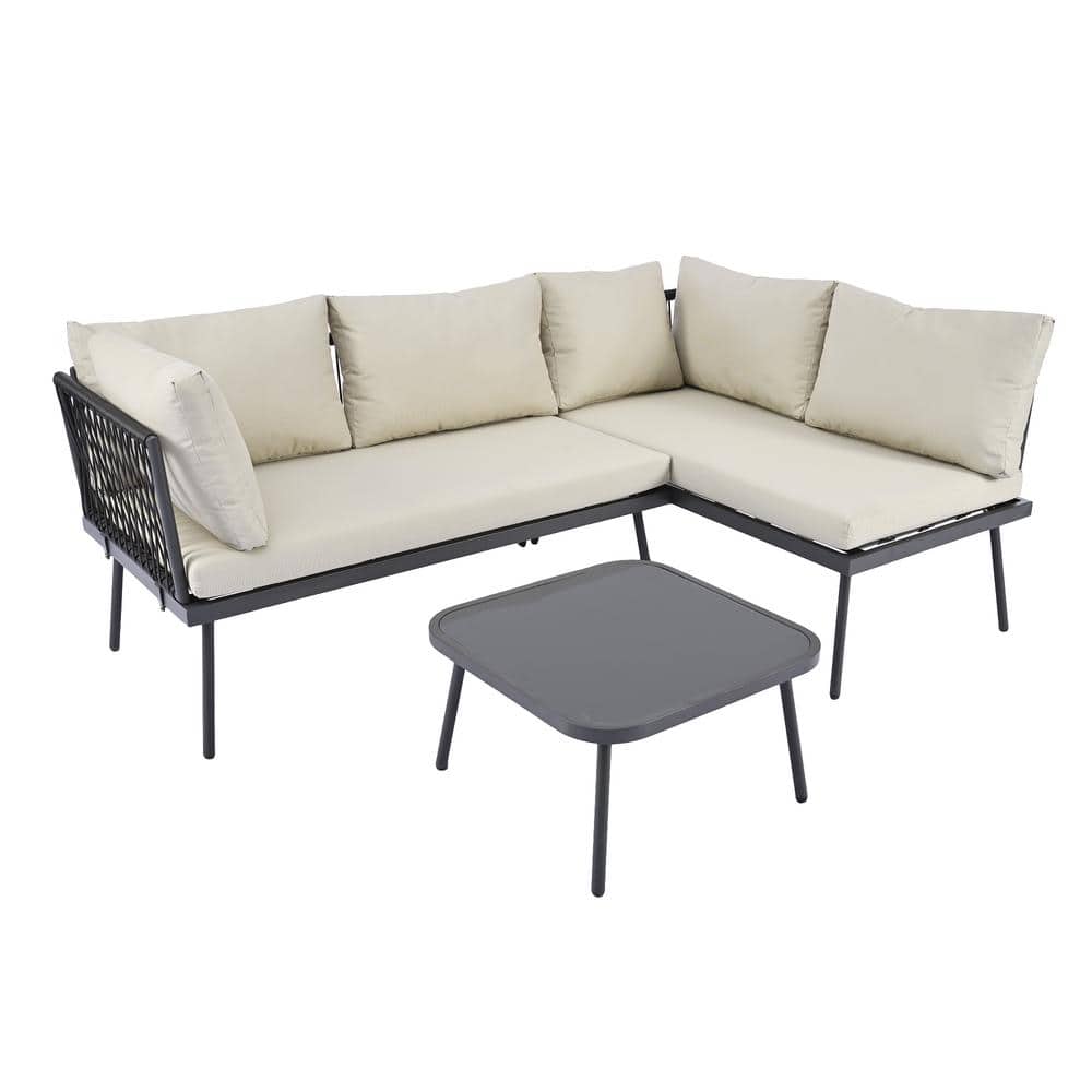 L-Shaped 3-Piece Metal Outdoor Sectional Sofa Set with Beige Cushions and T