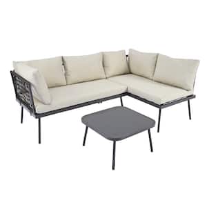 L-Shaped 3-Piece Metal Outdoor Sectional Sofa Set with Beige Cushions and Tempered Glass Top Coffee Table for Garden