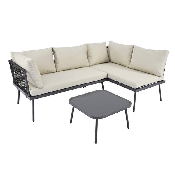 Unbranded L-Shaped 3-Piece Metal Outdoor Sectional Sofa Set with Beige Cushions and Tempered Glass Top Coffee Table for Garden