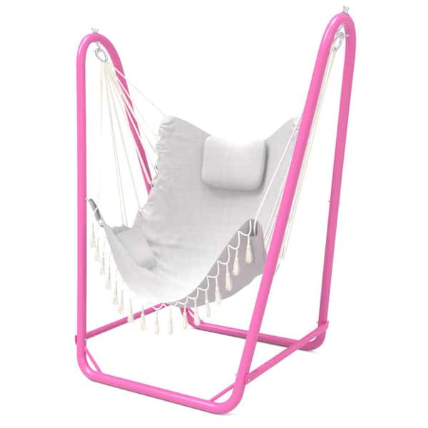 Afoxsos Unique U-Shaped 2.83 ft. Free Standing Chair Hammock with Stand in Pink and White