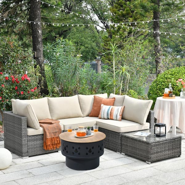 Toject Sanibel Gray 6-Piece Wicker Outdoor Patio Conversation Sofa Set with a Wood-Burning Fire Pit and Beige Cushions
