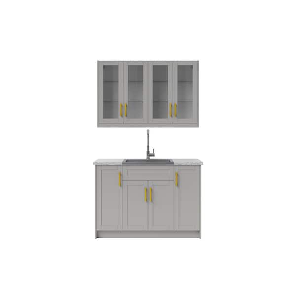 NewAge Products 9-Piece Gray Home Bar Cabinet Set with Contemporary Brushed Brass Handles