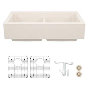 Vintera 33 in. Farmhouse/Apron-Front Double Bowl Soft White Granite Composite Kitchen Sink Kit with Accessories