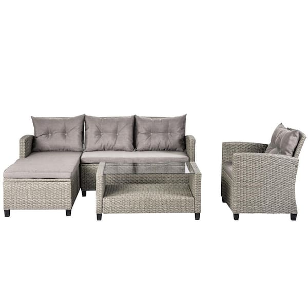 FORCLOVER 4-Piece Wicker Patio Conversation Set Sectional Sofa with Brown Cushions