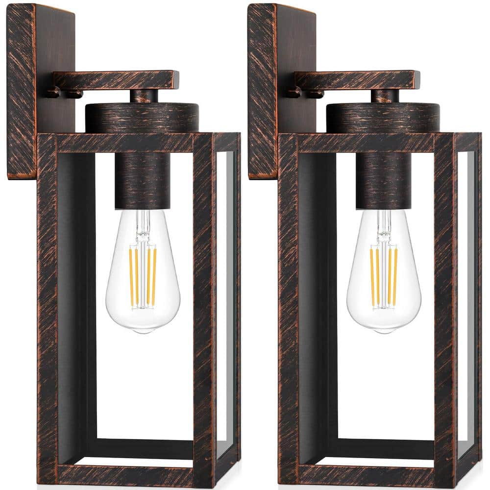 Brown Metal and Glass Modern Outdoor Wall Lanterns, 2-Pack