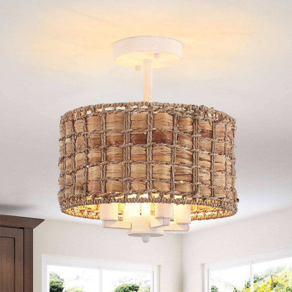 4-Light 11.81 in. White Bohemian Drum Semi-Flush Mount with Hand-Woven Shade for Bedroom, Hallway or Entryway (No Bulbs) price history on PriceWatchPro