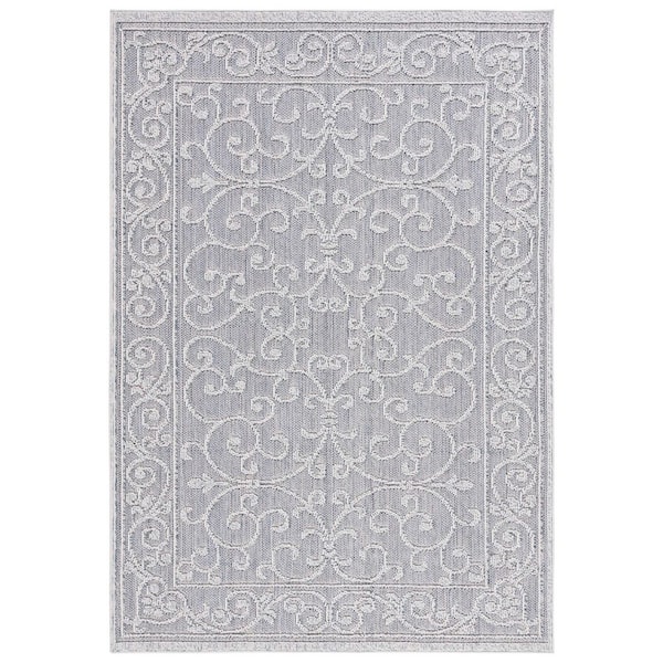 SAFAVIEH Global Blue/Gray 8 ft. x 10 ft. Ornate Border Solid Indoor/Outdoor Area Rug