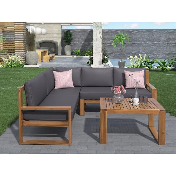 Kahomvis Brown 3-Piece Wood Outdoor Patio Portable Extended Chaise Lounge  Set with Foldable Tea Table and Dark Gray Cushion TM-LKWF2-7AAE - The Home  Depot