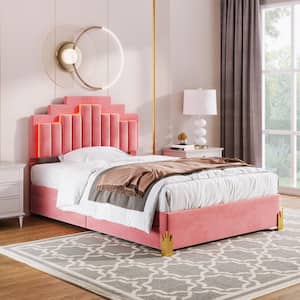 Pink Wood Frame Full Size Velvet Upholstered Platform Bed with Stylish Irregular Metal Legs, LED Lights and 4 Drawers