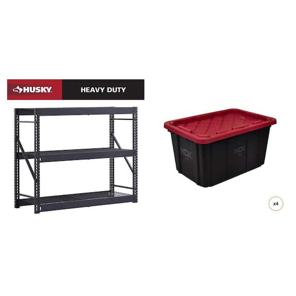 65 in. W 3-Shelf Metal Garage Shelving Unit and 27 Gal. Black and Red Storage Tote (4-Count) Combo