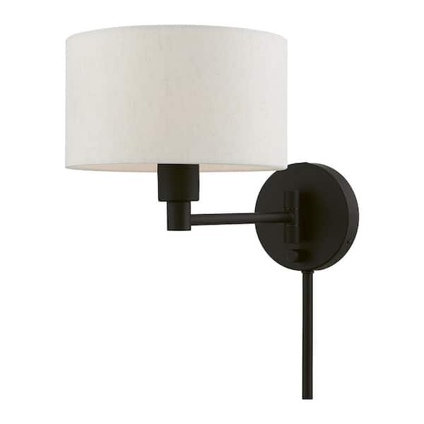 AVIANCE LIGHTING Atwood 1-Light Black Plug-In/Hardwired Swing Arm Wall Lamp with Oatmeal Fabric Shade