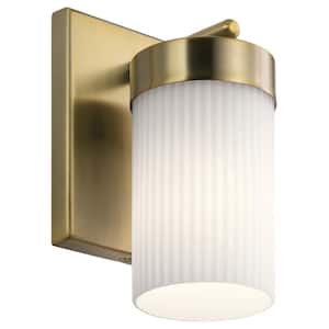 Ciona 9 in. 1-Light Brushed Natural Brass Bathroom Indoor Wall Sconce Light with Round Ribbed Glass