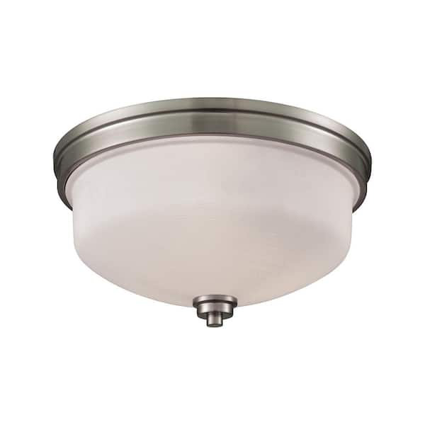 Thomas Lighting Casual Mission 3-Light Brushed Nickel With White Lined Glass Flushmount