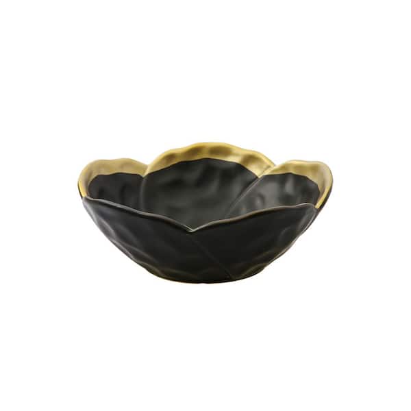 C T Classic Touch Black Porcelain Flower Shaped Bowl with Gold Rim
