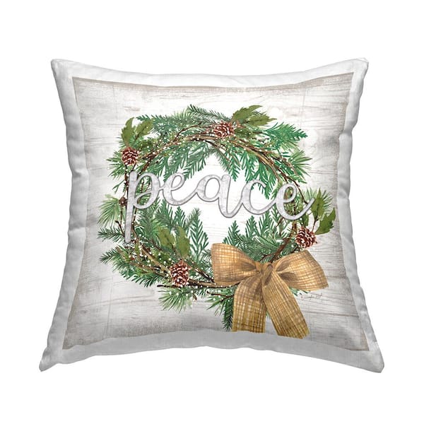 Holiday Botanical Wreath Bow Peace Typography Green Floral Polyester 18in. X 18in. Throw Pillow